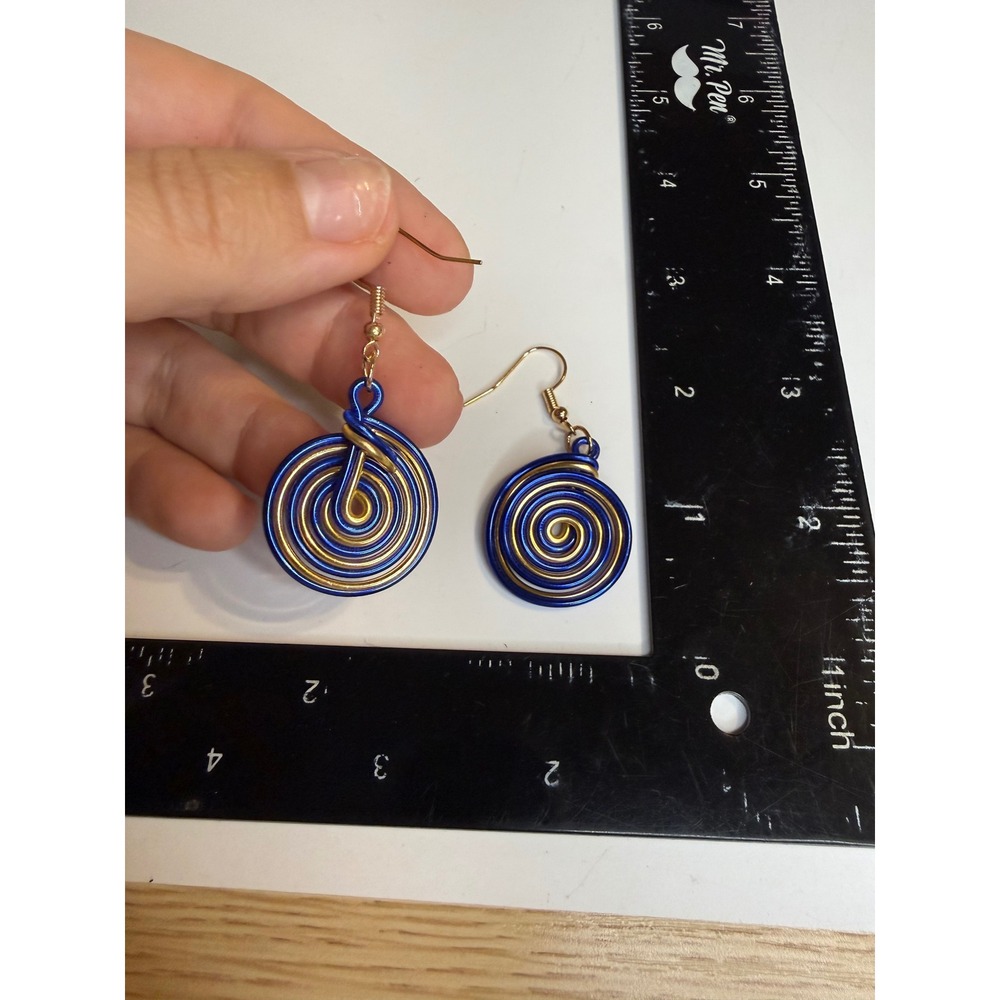 Handmade Blue Gold Wire Wrapped Spiral Drop Earrings Geometric Coiled Jewelry